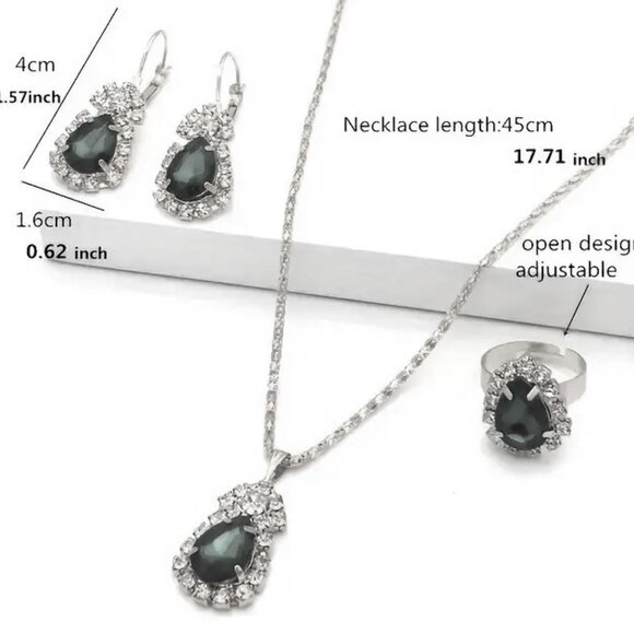 Necklace Earrings Ring Blue Rhinestones 4pc Set Pear Hollywood Glam Stylish Gift - Picture 2 of 2